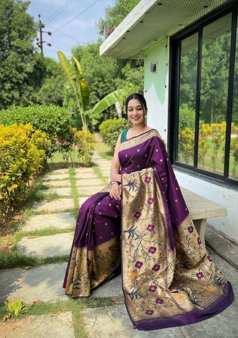 Wine Zari Work Silk Blend Saree Set for Diwali and Festive Wear - Indya