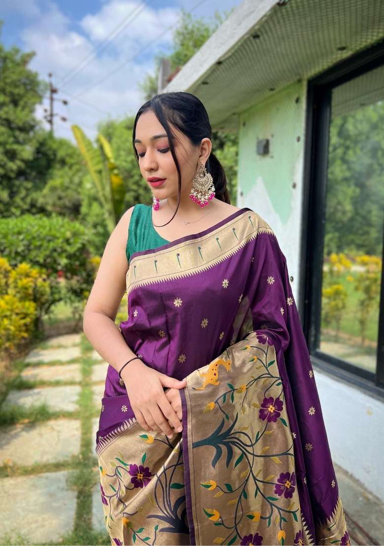 Wine Zari Work Silk Blend Saree Set for Diwali and Festive Wear - Indya