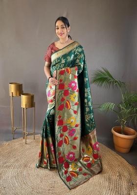 Dark Green Zari Work Silk Blend Saree Set