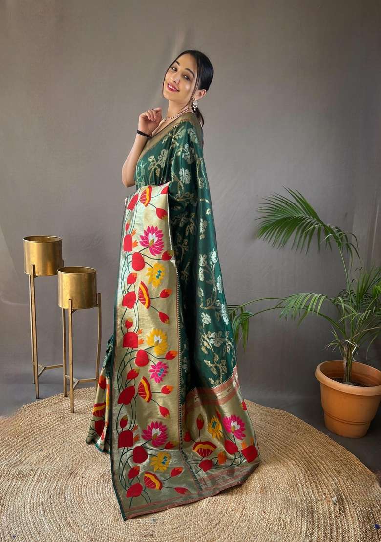 Dark Green Zari Work Silk Blend Saree Set for Diwali and Festive Wear - Indya