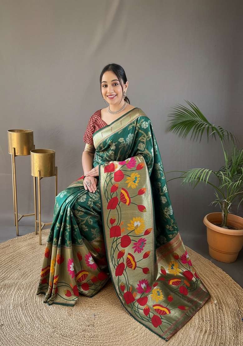 Dark Green Zari Work Silk Blend Saree Set for Diwali and Festive Wear - Indya