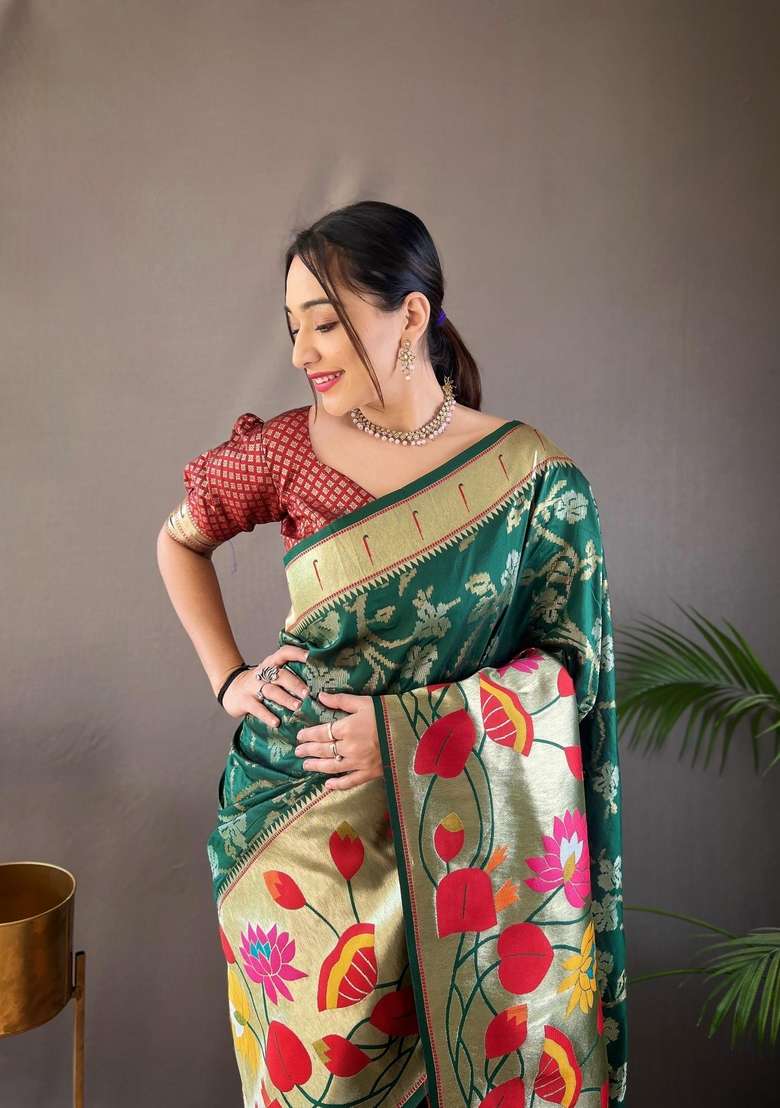 Dark Green Zari Work Silk Blend Saree Set for Diwali and Festive Wear - Indya