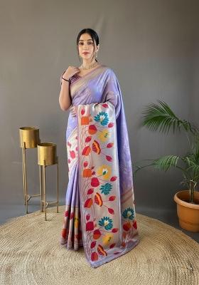 Lavender Zari Work Silk Blend Saree Set