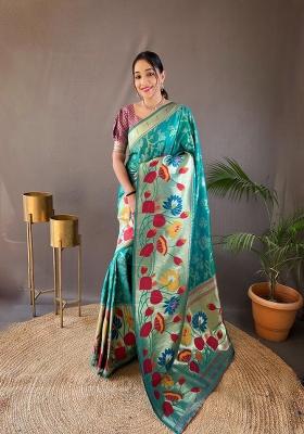 Rama Green Zari Work Silk Blend Saree Set