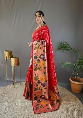 Red Zari Work Silk Blend Saree Set