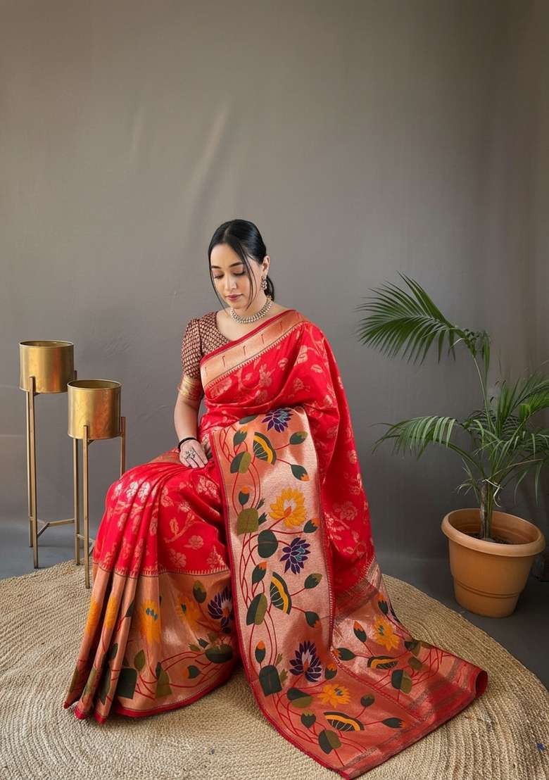Red Silk Blend Saree Set with Zari Work for Diwali | Wedding & Festive Wear - Indya
