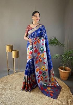 Royal Blue Zari Work Silk Blend Saree Set
