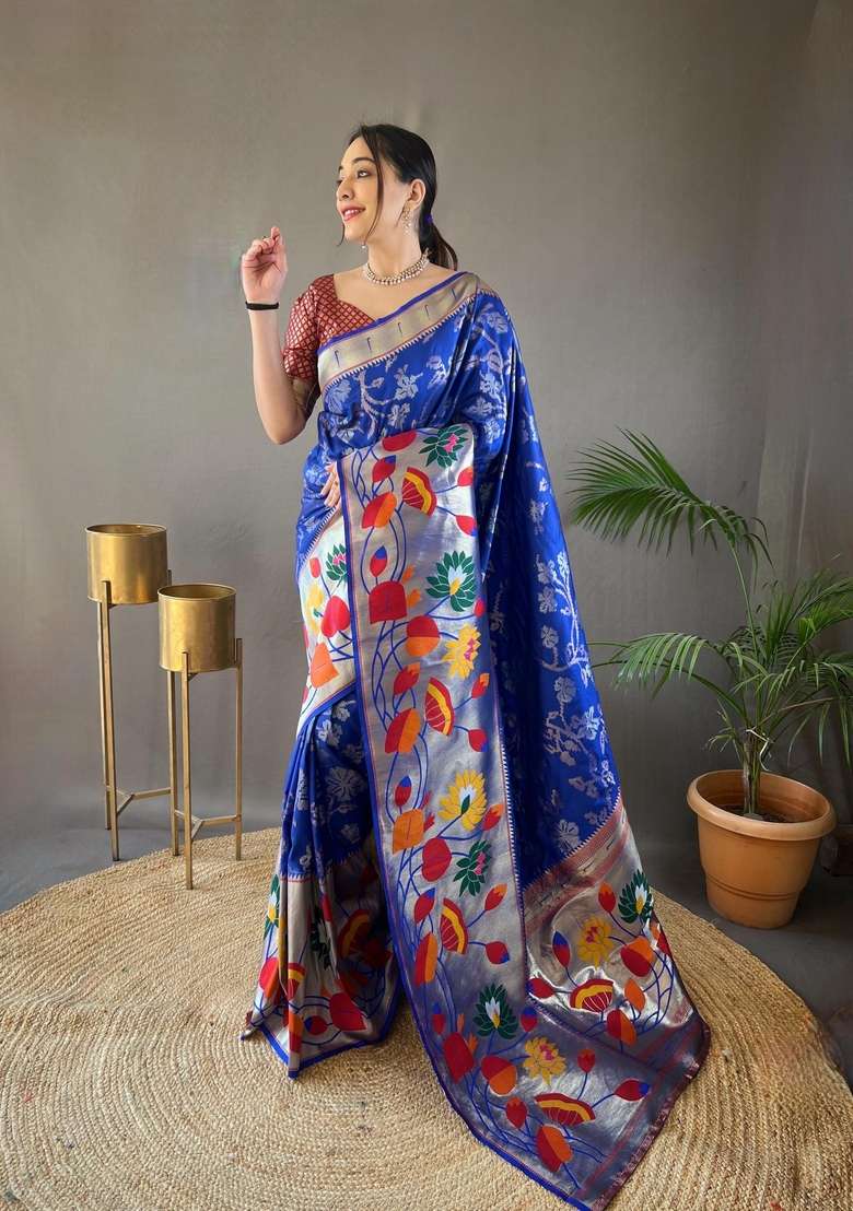 Royal Blue Silk Blend Saree Set with Zari Work for Diwali | Wedding & Festive Wear - Indya