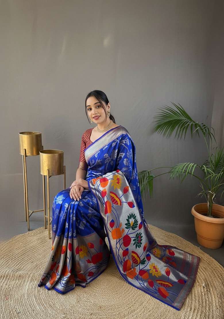 Royal Blue Silk Blend Saree Set with Zari Work for Diwali | Wedding & Festive Wear - Indya