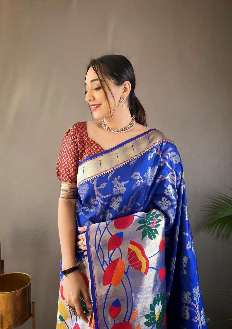 Royal Blue Silk Blend Saree Set with Zari Work for Diwali | Wedding & Festive Wear - Indya
