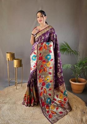 Wine Zari Work Silk Blend Saree Set