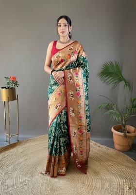 Dark Green Zari Work Silk Blend Saree Set