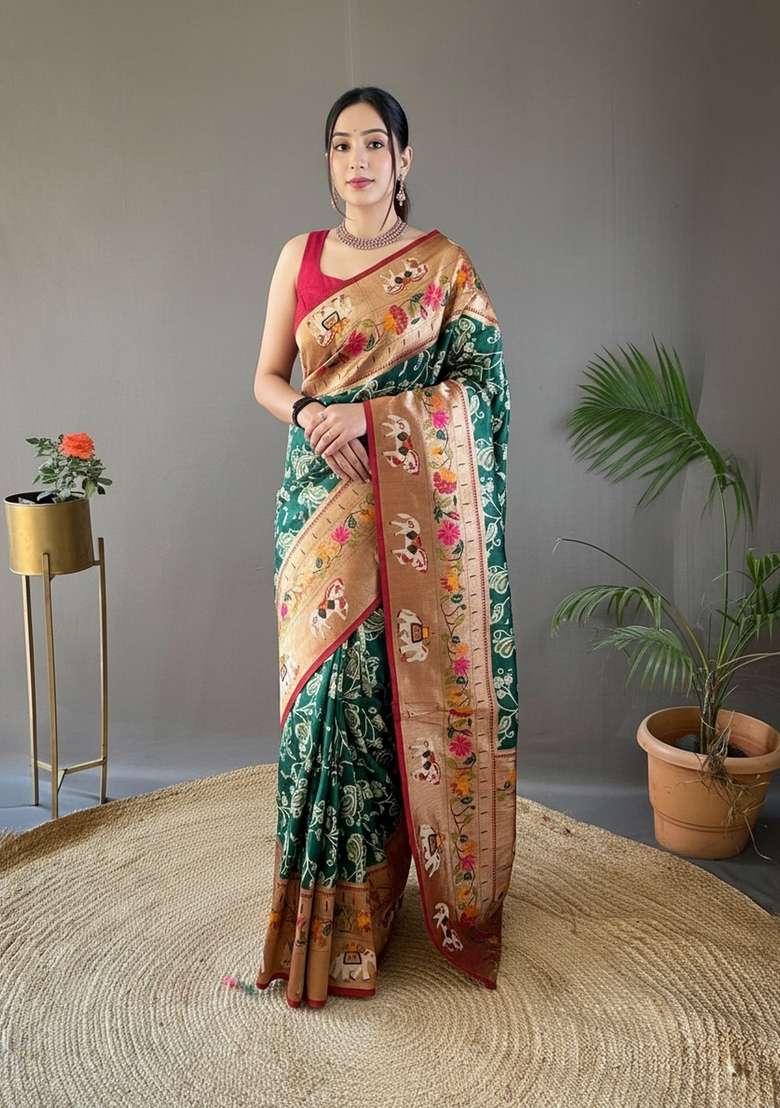 Dark Green Zari Work Silk Blend Saree Set for Diwali and Festive Wear - Indya