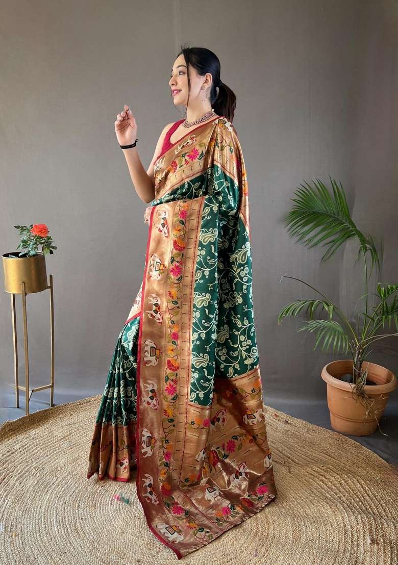 Dark Green Zari Work Silk Blend Saree Set for Diwali and Festive Wear - Indya