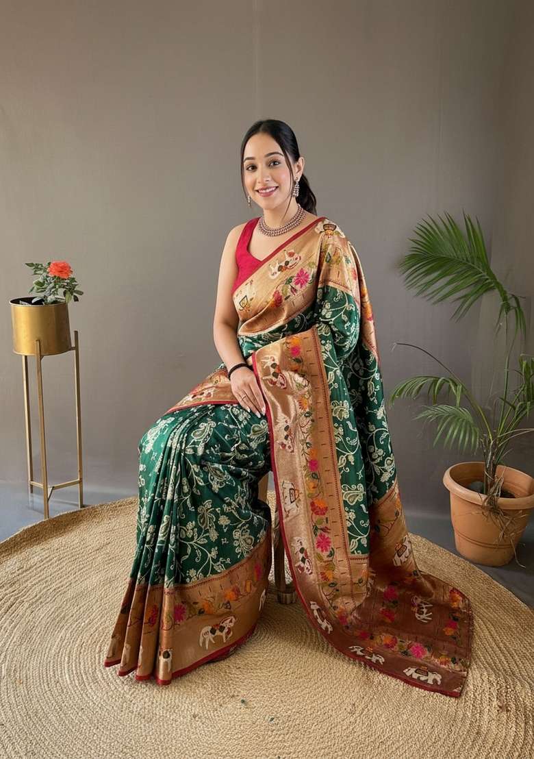 Dark Green Zari Work Silk Blend Saree Set for Diwali and Festive Wear - Indya