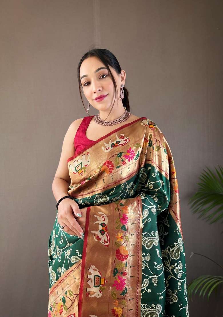 Dark Green Zari Work Silk Blend Saree Set for Diwali and Festive Wear - Indya
