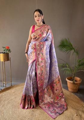 Lavender Zari Work Silk Blend Saree Set