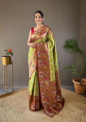 Mehendi Zari Work Silk Blend Saree Set