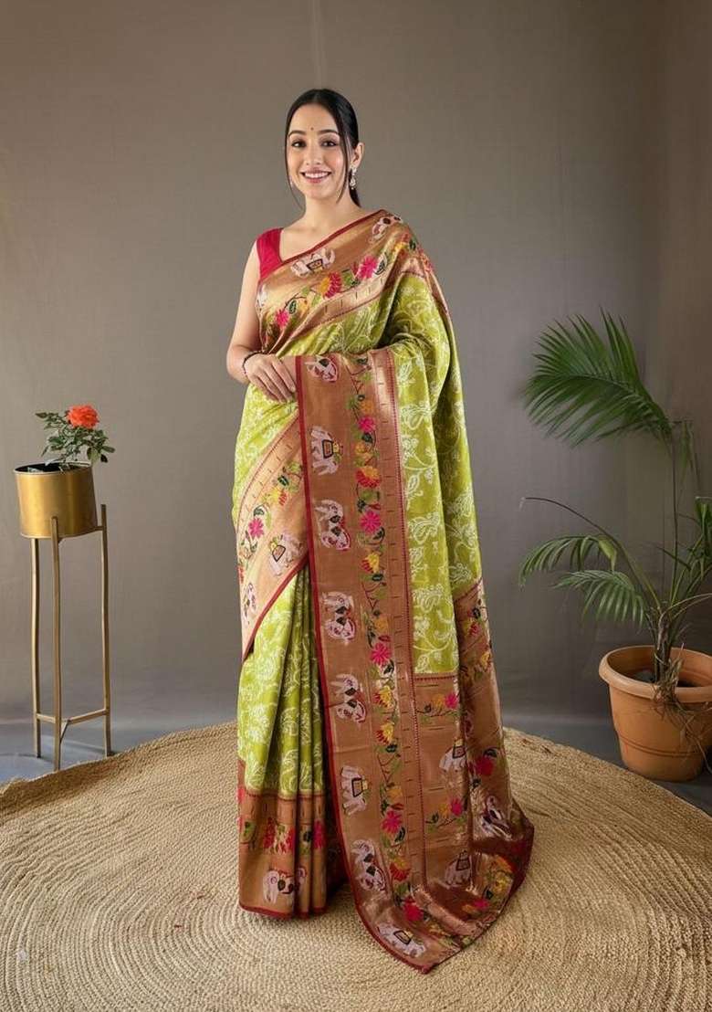 Mehendi Silk Blend Saree Set with Zari Work for Diwali | Wedding & Festive Wear - Indya