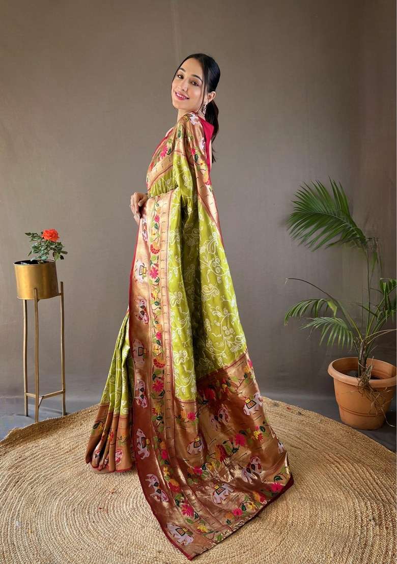 Mehendi Silk Blend Saree Set with Zari Work for Diwali | Wedding & Festive Wear - Indya