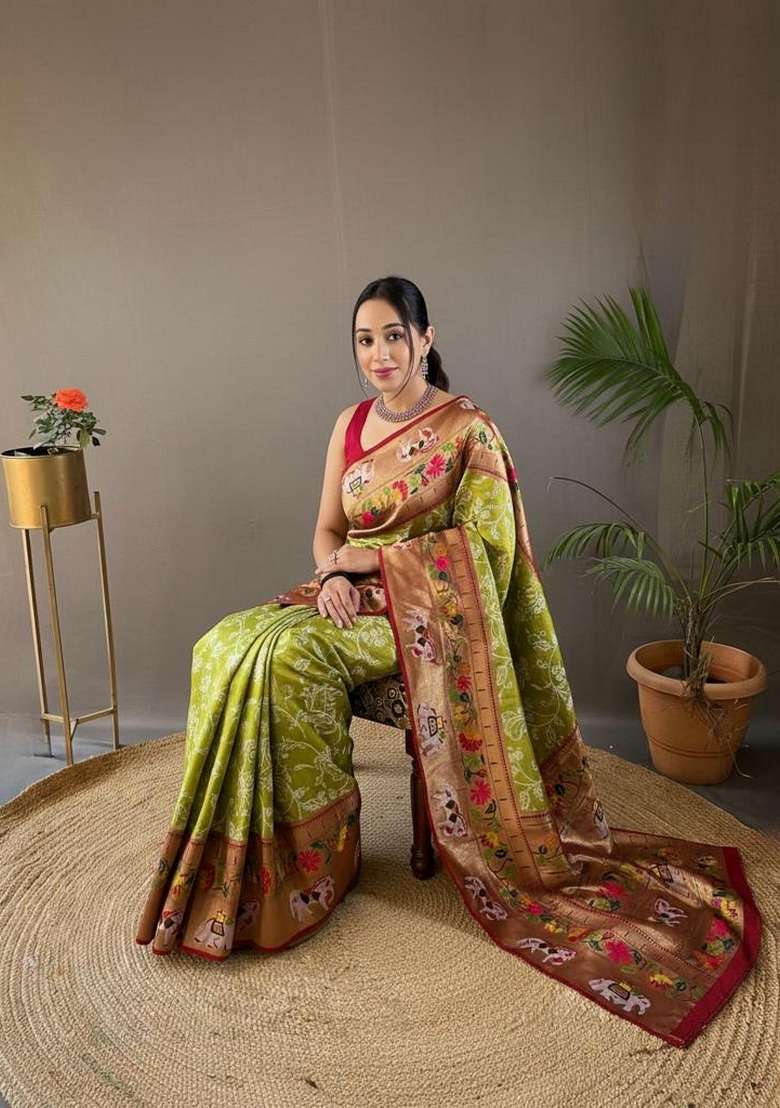 Mehendi Silk Blend Saree Set with Zari Work for Diwali | Wedding & Festive Wear - Indya