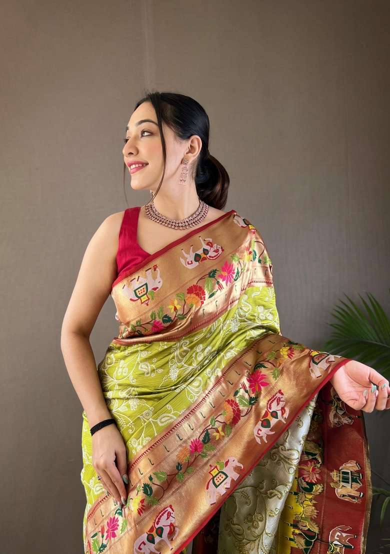 Mehendi Silk Blend Saree Set with Zari Work for Diwali | Wedding & Festive Wear - Indya