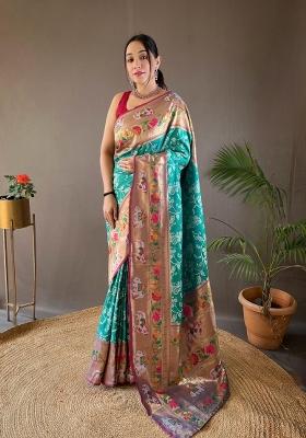 Rama Green Zari Work Silk Blend Saree Set