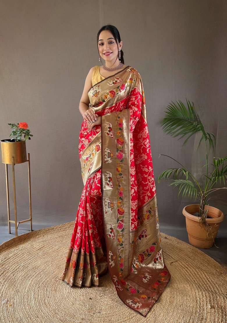 Red Silk Blend Saree Set with Zari Work for Diwali | Wedding & Festive Wear - Indya