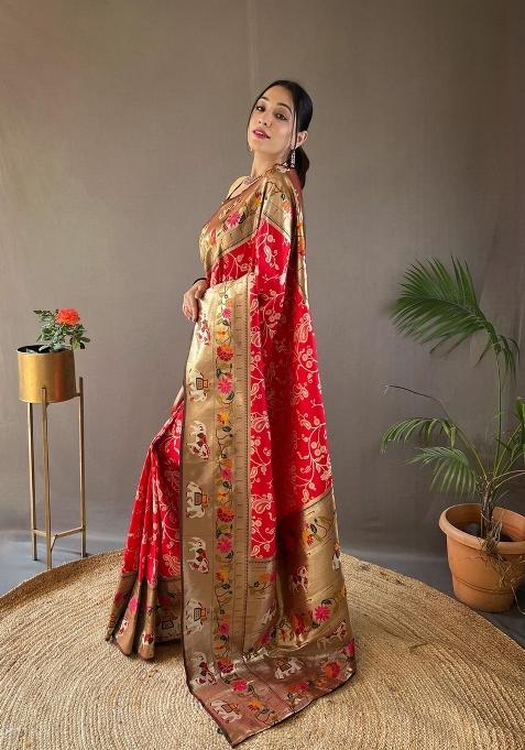 Red Zari Work Silk Saree Set — view on Indya