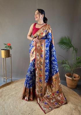 Royal Blue Zari Work Silk Blend Saree Set