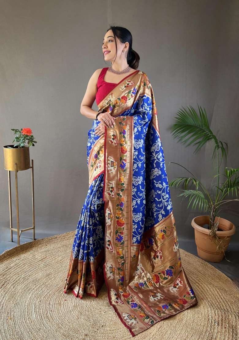 Royal Blue Zari Work Silk Blend Saree Set for Diwali and Festive Wear - Indya
