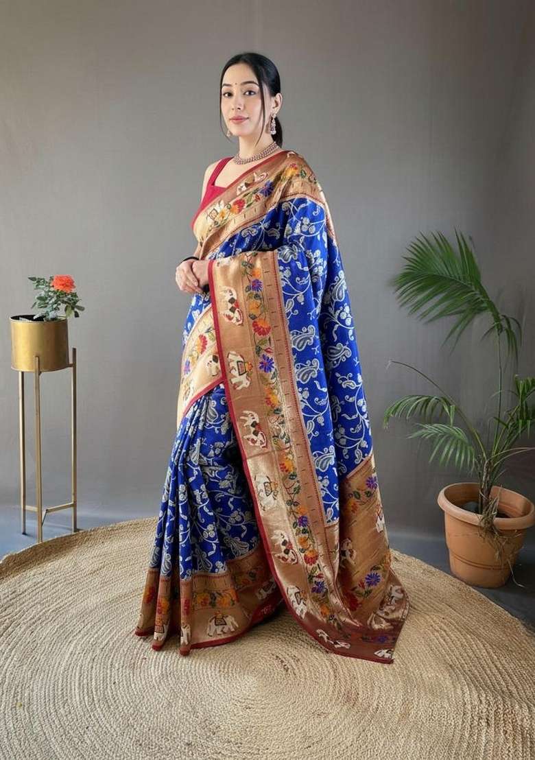 Royal Blue Zari Work Silk Blend Saree Set for Diwali and Festive Wear - Indya