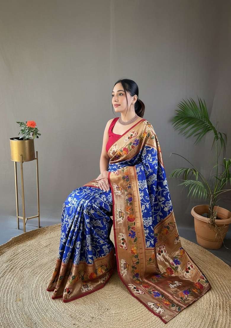 Royal Blue Zari Work Silk Blend Saree Set for Diwali and Festive Wear - Indya