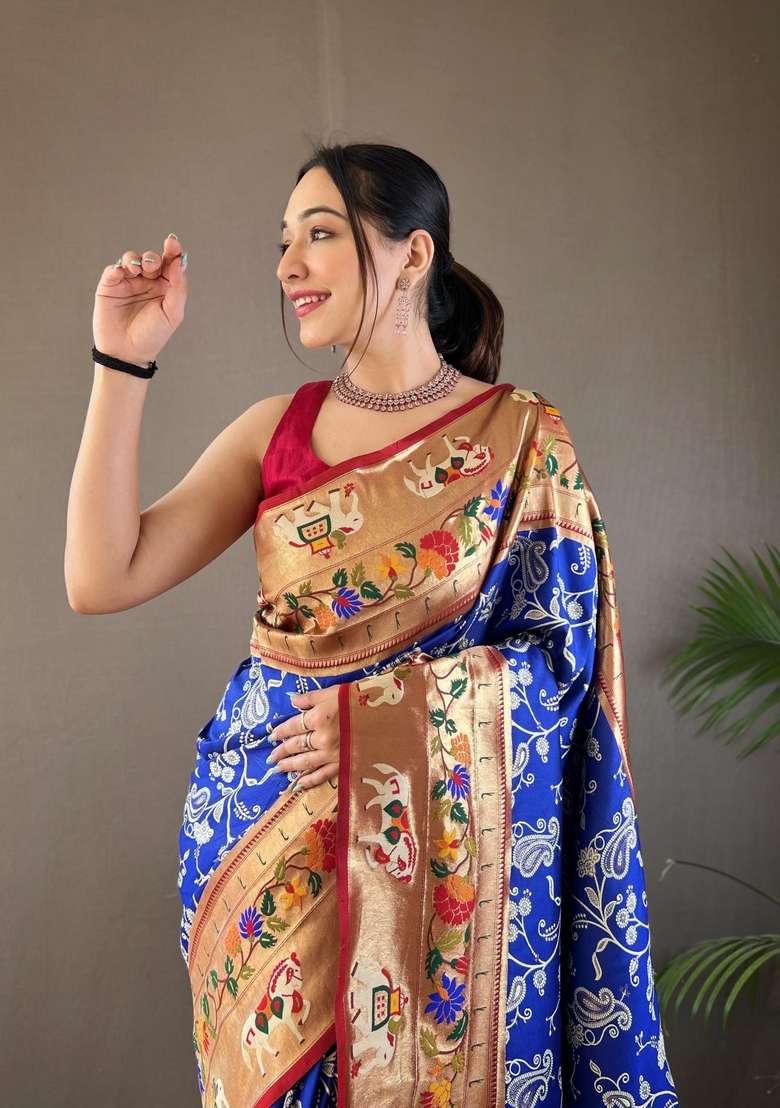 Royal Blue Zari Work Silk Blend Saree Set for Diwali and Festive Wear - Indya