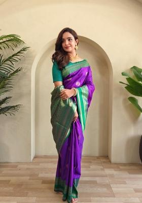 Magenta Zari Work Silk Blend Saree Set