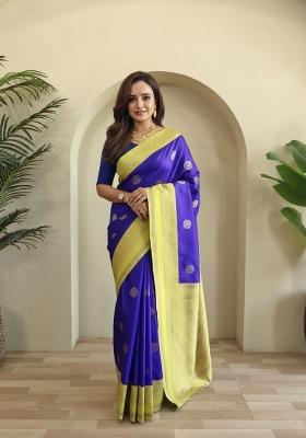 Royal Blue Zari Work Silk Blend Saree Set