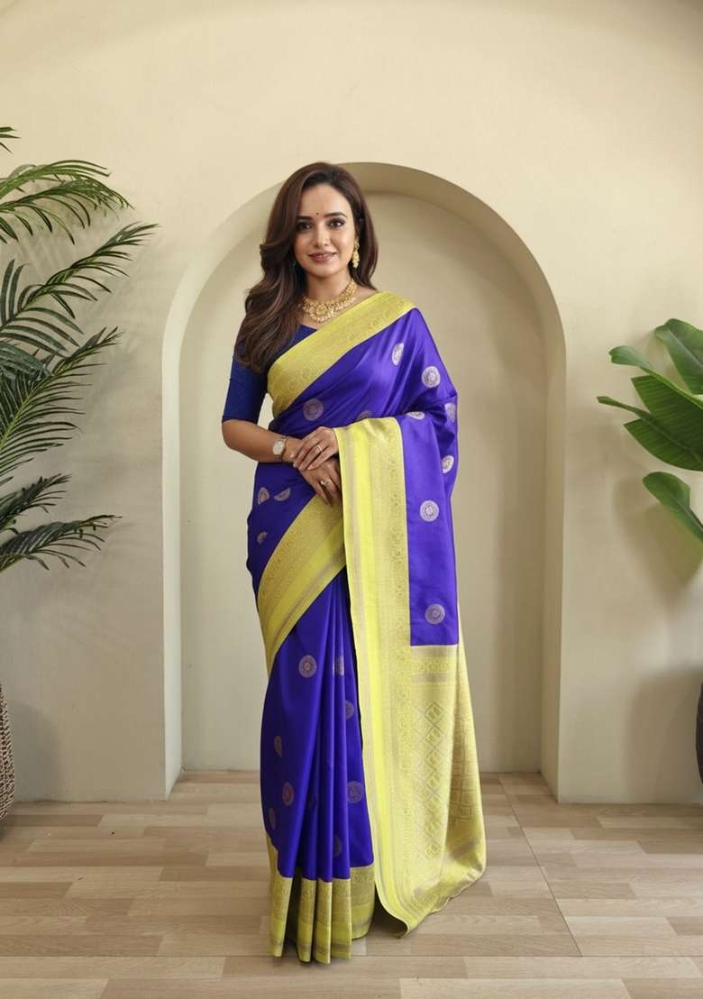Royal Blue Zari Work Silk Blend Saree Set for Diwali and Festive Wear - Indya