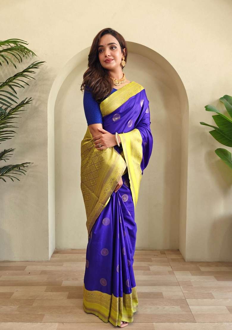 Royal Blue Zari Work Silk Blend Saree Set for Diwali and Festive Wear - Indya