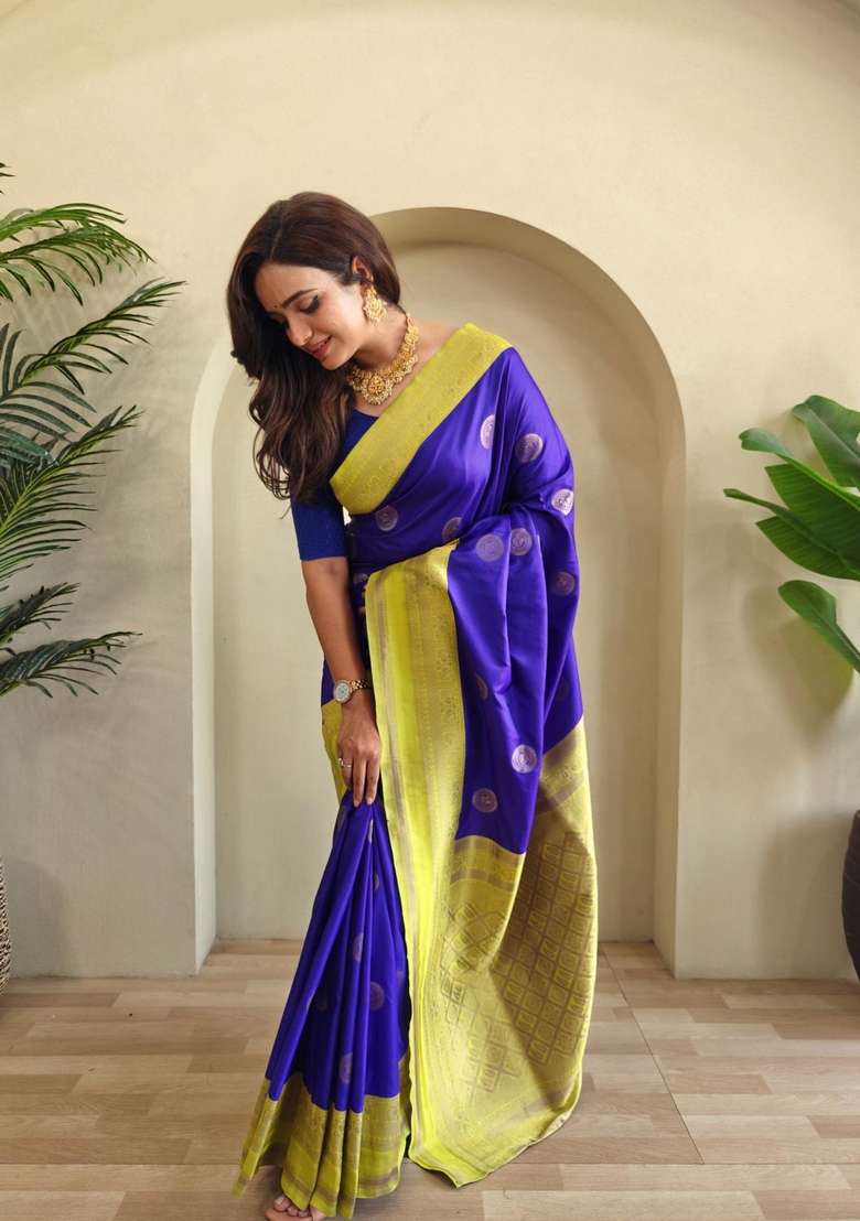 Royal Blue Zari Work Silk Blend Saree Set for Diwali and Festive Wear - Indya