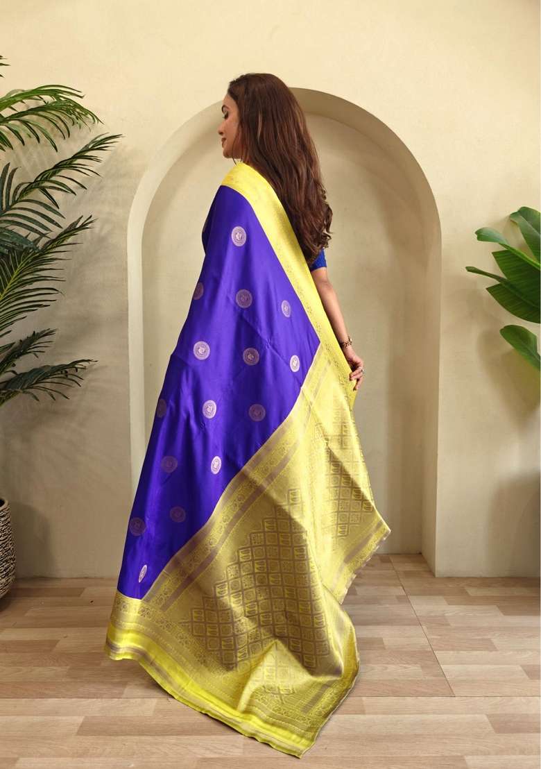 Royal Blue Zari Work Silk Blend Saree Set for Diwali and Festive Wear - Indya