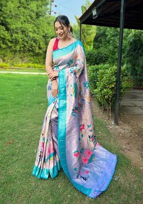Lavender Zari Work Silk Blend Saree Set