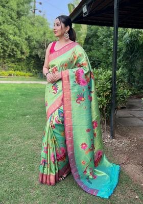 Parrot Green Zari Work Silk Blend Saree Set