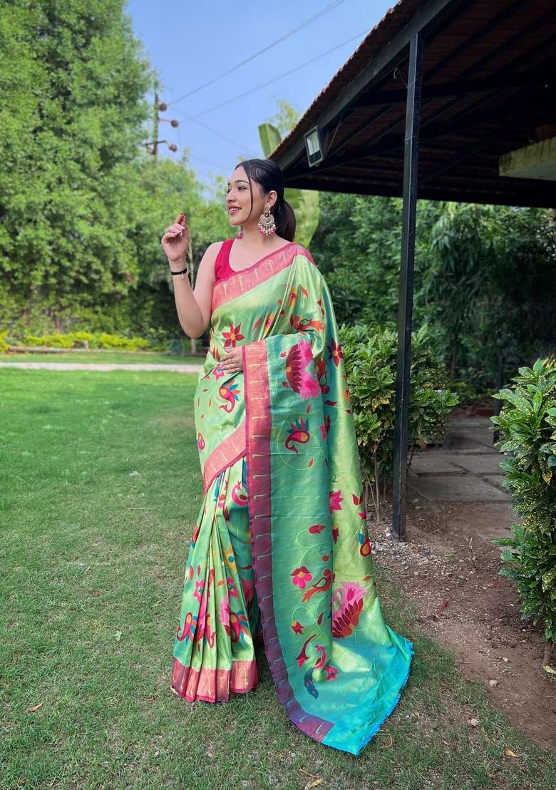 Parrot Green Silk Blend Saree Set with Zari Work for Diwali | Wedding & Festive Wear - Indya