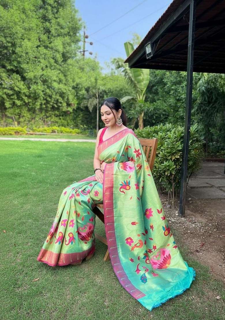 Parrot Green Silk Blend Saree Set with Zari Work for Diwali | Wedding & Festive Wear - Indya