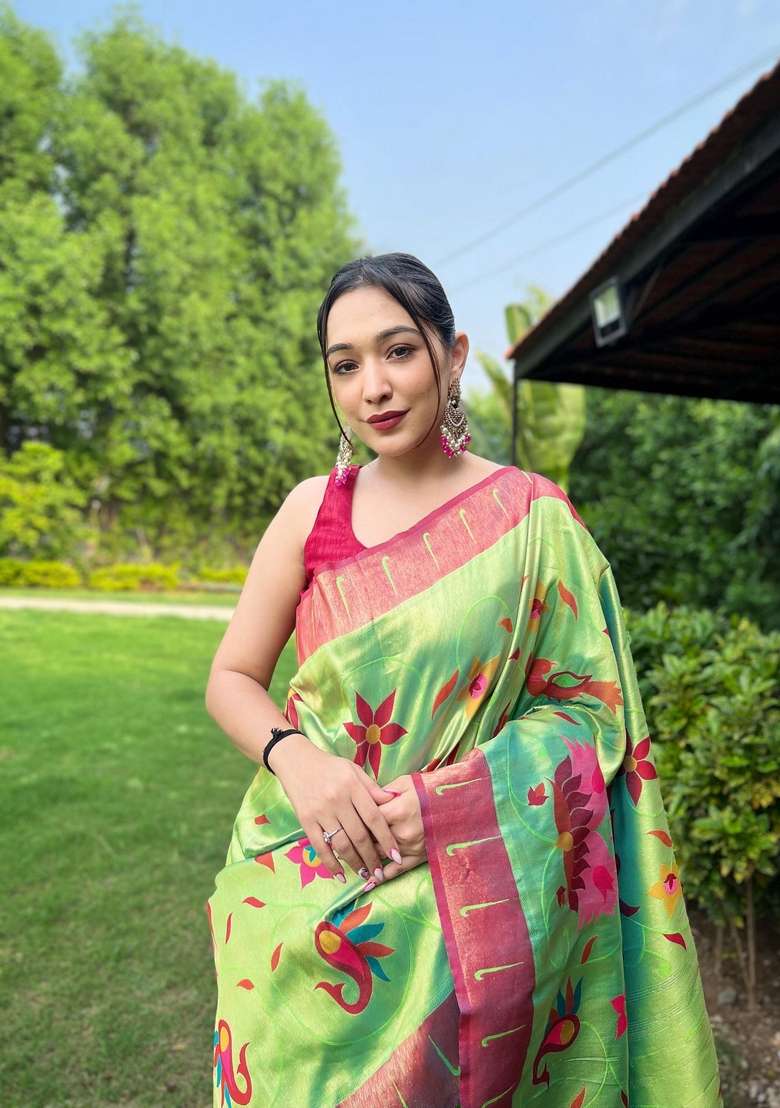 Parrot Green Silk Blend Saree Set with Zari Work for Diwali | Wedding & Festive Wear - Indya