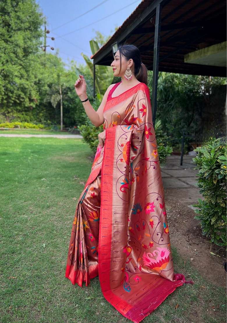 Red Zari Work Silk Blend Saree Set for Diwali and Festive Wear - Indya