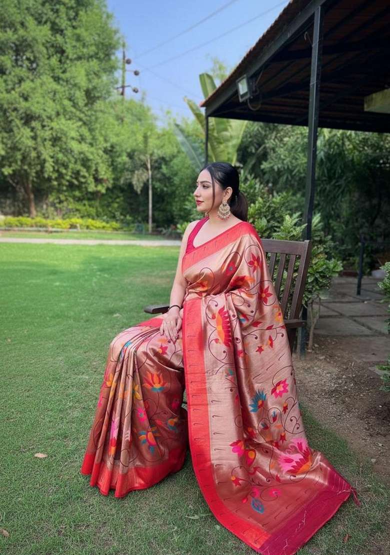 Red Zari Work Silk Blend Saree Set for Diwali and Festive Wear - Indya