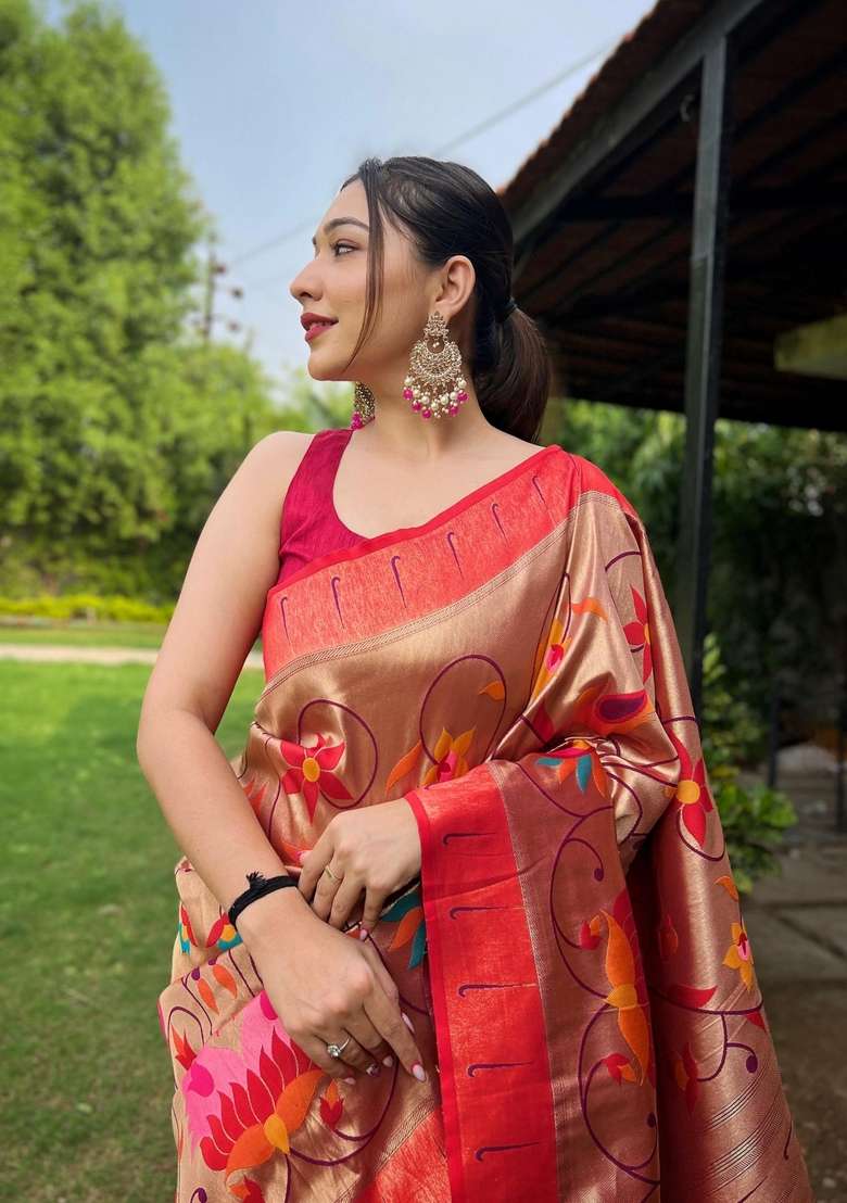 Red Zari Work Silk Blend Saree Set for Diwali and Festive Wear - Indya