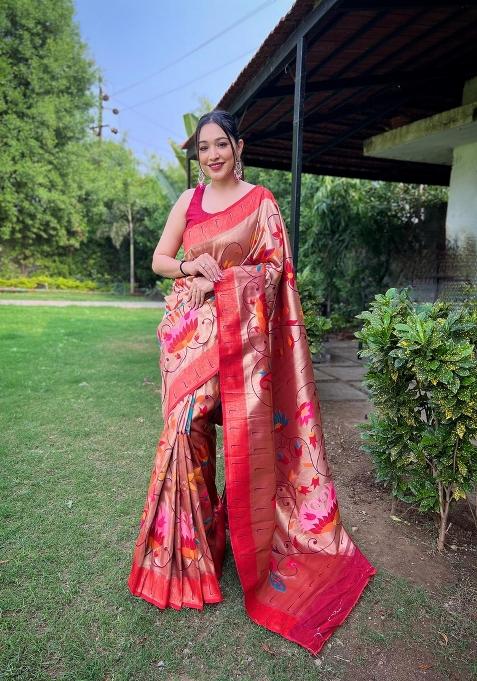 Red Zari Work Silk Saree Set — view on Indya