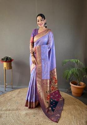 Lavender Zari Work Silk Blend Saree Set